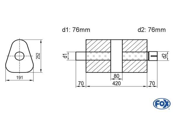 Uni-Schalldämpfer dreieck mit Kammer + Stutzen - Abw. 725 191x252mm, d1Ø 76mm (außen), d2Ø 76mm (inn