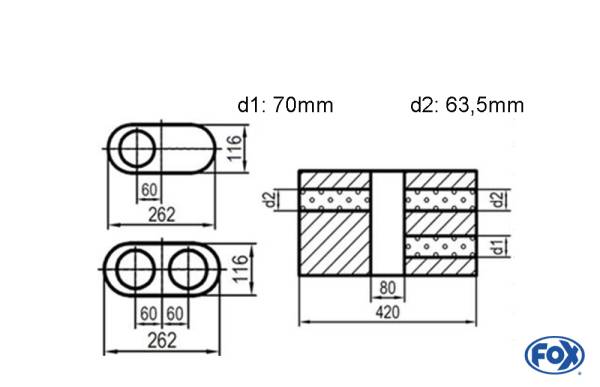 Uni-Schalldämpfer oval zweiflutig mit Kammer - Abw. 650 262x116mm, d1Ø 70mm d2Ø 60mm, Länge: 420mm