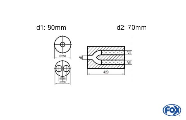 Uni-Schalldämpfer rund zweiflutig mit Hose - Abwicklung 784 Ø 250mm, d1: 76mm, d2: 63mm innen - Läng