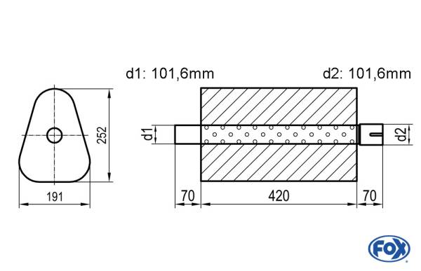 Uni-Schalldämpfer Dreieckig mit Stutzen - Abwicklung 725 191x252mm, d1Ø 101,6mm außen/ d2Ø 101,6mm i