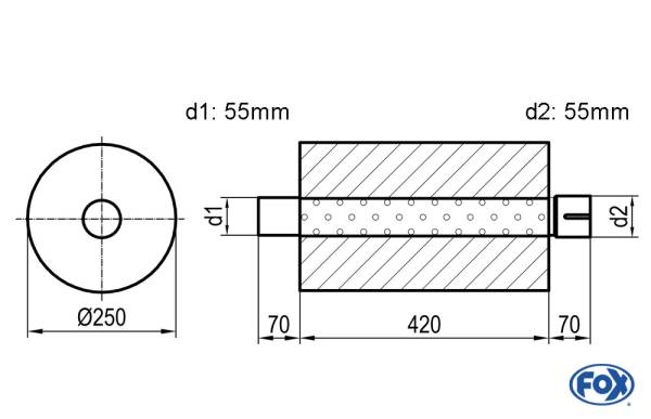 Uni-Schalldämpfer rund mit Stutzen - Abwicklung 784 Ø 250mm, d1: 55mm, d2: 55mm innen - Länge: 420mm