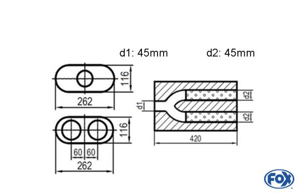 Uni-Schalldämpfer oval zweiflutig mit Hose - Abwicklung 650 262x116mm, d1Ø 45mm d2Ø 40mm, Länge: 42