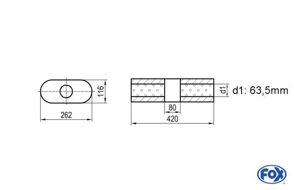 Uni-Schalldämpfer oval ohne Stutzen mit Kammer - Abw. 650 262x116mm, d1Ø 63,5mm, Länge: 420mm