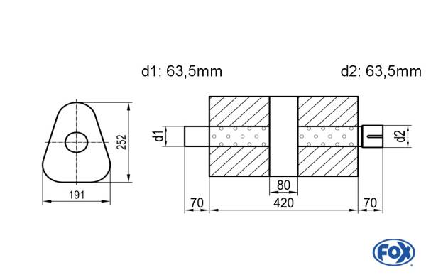 Uni-Schalldämpfer dreieck mit Kammer + Stutzen - Abw. 725 191x252mm, d1Ø 63,5mm (außen), d2Ø 63,5mm