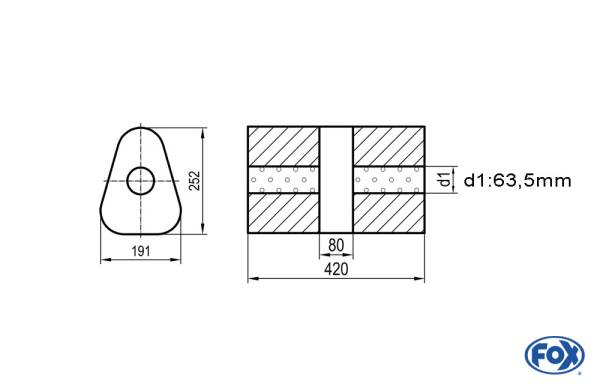 Uni-Schalldämpfer dreieck ohne Stutzen mit Kammer - Abw. 725 191x252mm, d1Ø 63,5mm, Länge: 420mm