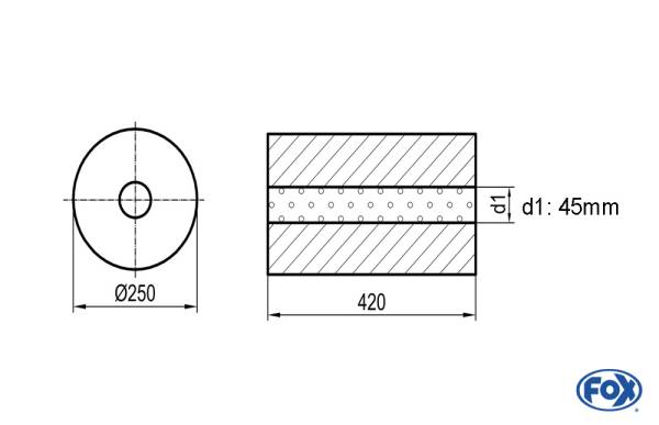 Uni-Schalldämpfer rund ohne Stutzen - Abwicklung 784 Ø 250mm, d1: 45mm, Länge: 420mm