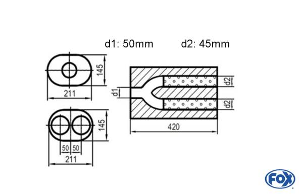 Uni-Schalldämpfer oval zweiflutig mit Hose - Abwicklung 585 211x145mm, d1Ø 50mm d2Ø 45mm, Länge: 42