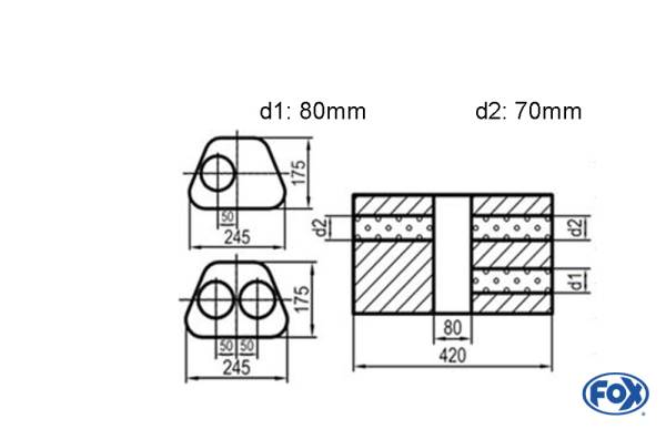 Uni-Schalldämpfer Trapezoid zweiflutig mit Kammer - Abw. 711 245x175mm, d1Ø 80mm d2Ø 70mm, Länge: 4