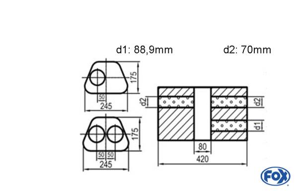 Uni-Schalldämpfer Trapezoid zweiflutig mit Kammer - Abw. 711 245x175mm, d1Ø 88,9mm d2Ø 70mm, Länge: