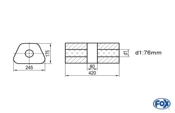 Uni-Schalldämpfer trapez ohne Stutzen mit Kammer - Abw. 711 245x175mm, d1Ø 76mm, Länge: 420mm