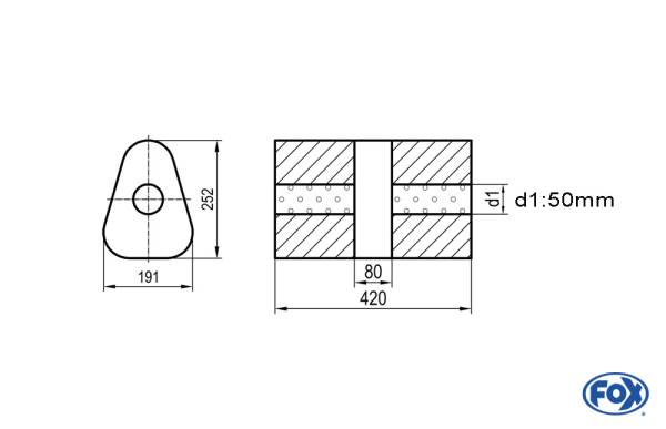 Uni-Schalldämpfer dreieck ohne Stutzen mit Kammer - Abw. 725 191x252mm, d1Ø 50mm, Länge: 420mm