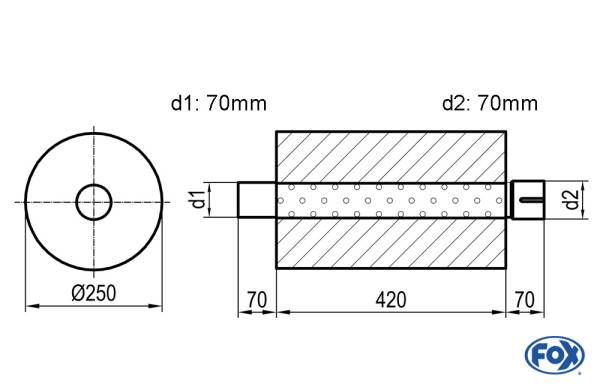 Uni-Schalldämpfer rund mit Stutzen - Abwicklung 784 Ø 250mm, d1: 70mm, d2: 70mm innen - Länge: 420mm