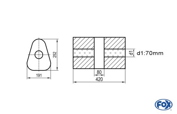 Uni-Schalldämpfer dreieck ohne Stutzen mit Kammer - Abw. 725 191x252mm, d1Ø 70mm, Länge: 420mm