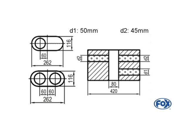 Uni-Schalldämpfer oval zweiflutig mit Kammer - Abw. 650 262x116mm, d1Ø 50mm d2Ø 45mm, Länge: 420mm
