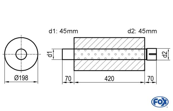 Uni-Schalldämpfer rund mit Stutzen - Abwicklung 626 Ø 198mm, d1Ø 45mm d2Ø 45,5mm, Länge: 420mm
