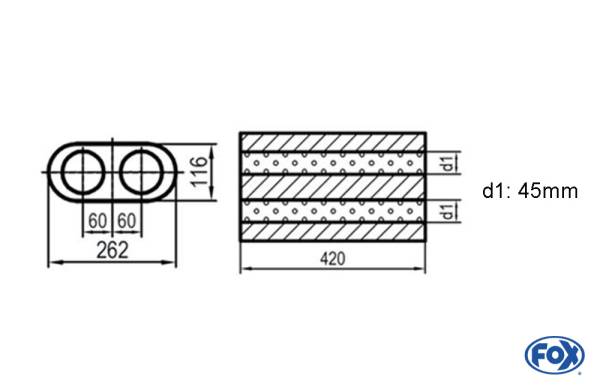 Uni-Schalldämpfer oval zweiflutig - Abwicklung 650 262x116mm, d1Ø 45mm, Länge: 420mm