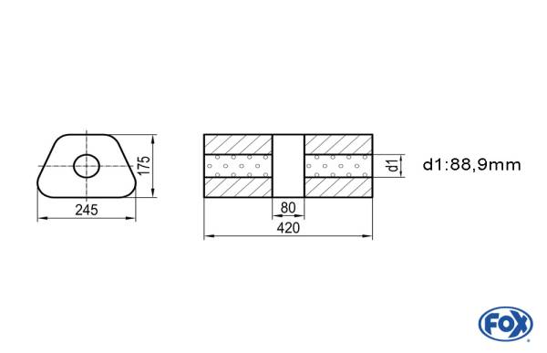 Uni-Schalldämpfer trapez ohne Stutzen mit Kammer - Abw. 711 245x175mm, d1Ø 88,9mm, Länge: 420mm