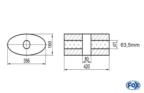 Uni-Schalldämpfer oval ohne Stutzen mit Kammer - Abw. 818 356x160mm, d1Ø 63,5mm, Länge: 420mm