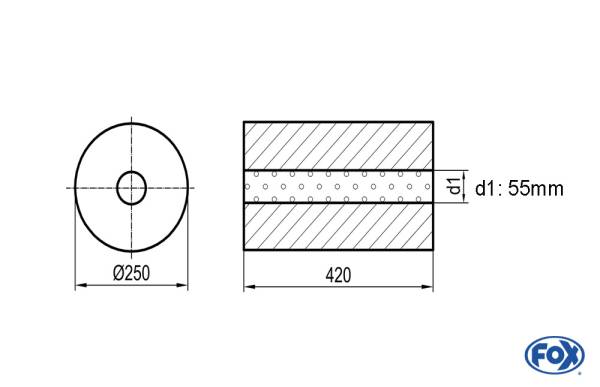 Uni-Schalldämpfer rund ohne Stutzen - Abwicklung 784 Ø 250mm, d1: 55mm, Länge: 420mm