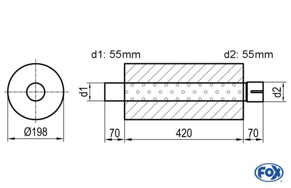 Uni-Schalldämpfer rund mit Stutzen - Abwicklung 626 Ø 198mm, d1Ø 55mm d2Ø 55,5mm, Länge: 420mm