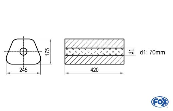 Uni-Schalldämpfer Trapezoid ohne Stutzen - Abwicklung 711 245x175mm, d1Ø 70mm außen - Länge: 420mm