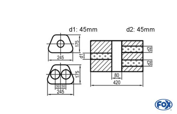 Uni-Schalldämpfer Trapezoid zweiflutig mit Kammer - Abw. 711 245x175mm, d1Ø 45mm d2Ø 40mm, Länge: 4