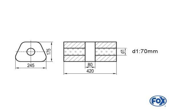 Uni-Schalldämpfer trapez ohne Stutzen mit Kammer - Abw. 711 245x175mm, d1Ø 70mm, Länge: 420mm