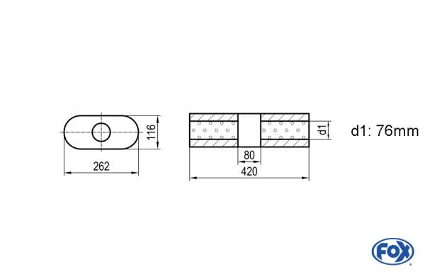 Uni-Schalldämpfer oval ohne Stutzen mit Kammer - Abw. 650 262x116mm, d1Ø 76mm, Länge: 420mm