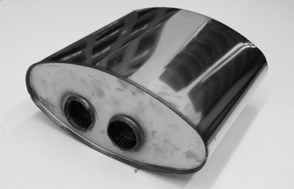 Uni-Schalldämpfer oval zweiflutig mit Hose - Abwicklung 818 356x160mm, d1Ø 70mm d2Ø 55mm, Länge: 32