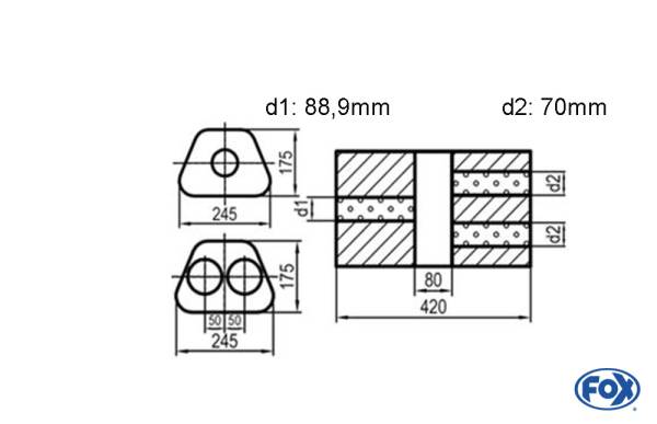 Uni-Schalldämpfer Trapezoid zweiflutig mit Kammer - Abw. 711 245x175mm, d1Ø 88,9mm d2Ø 70mm, Länge: