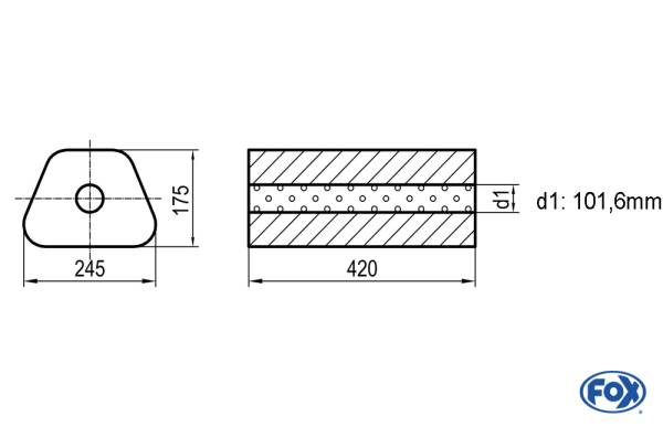 Uni-Schalldämpfer Trapezoid ohne Stutzen - Abwicklung 711 245x175mm, d1Ø 101,6mm außen - Länge: 420m