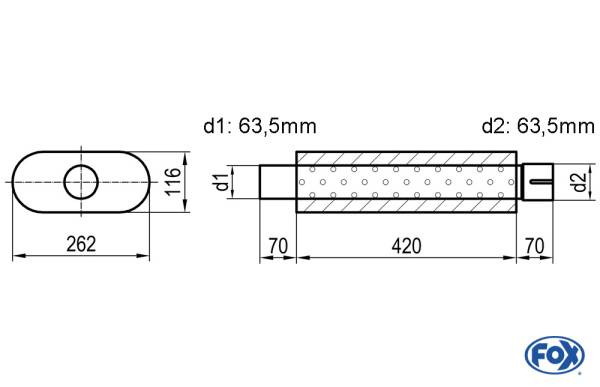 Uni-Schalldämpfer oval mit Stutzen - Abwicklung 650 262x116mm, d1Ø 63,5mm d2Ø 64mm, Länge: 420mm