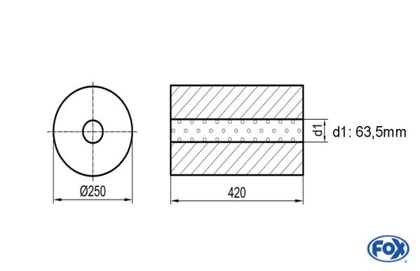 Uni-Schalldämpfer rund ohne Stutzen - Abwicklung 784 Ø 250mm, d1: 63,5mm, Länge: 420mm