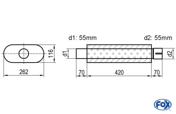 Uni-Schalldämpfer oval mit Stutzen - Abwicklung 650 262x116mm, d1Ø 55mm d2Ø 55,5mm, Länge: 420mm