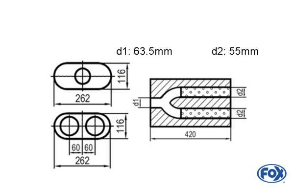 Uni-Schalldämpfer oval zweiflutig mit Hose - Abwicklung 650 262x116mm, d1Ø 63,5mm d2Ø 55mm, Länge: