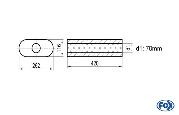 Uni-Schalldämpfer oval ohne Stutzen - Abwicklung 650 262x116mm, d1Ø 70mm, Länge: 420mm