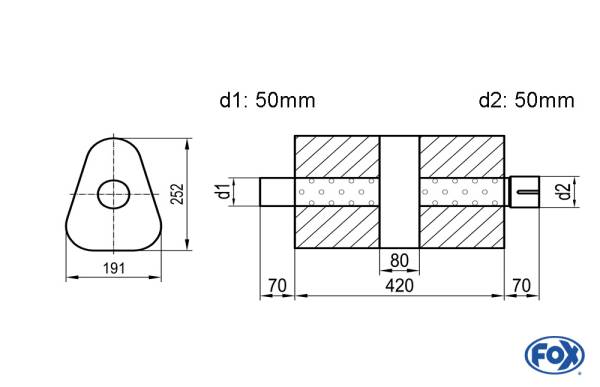 Uni-Schalldämpfer dreieck mit Kammer + Stutzen - Abw. 725 191x252mm, d1Ø 50mm (außen), d2Ø 50mm (inn