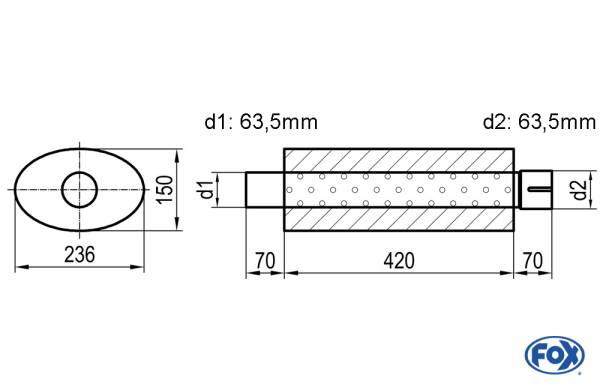 Uni-Schalldämpfer oval mit Stutzen - Abwicklung 618 236x150mm, d1Ø 63,5mm d2Ø 64mm, Länge: 420mm