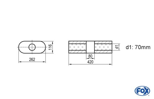 Uni-Schalldämpfer oval ohne Stutzen mit Kammer - Abw. 650 262x116mm, d1Ø 70mm, Länge: 420mm