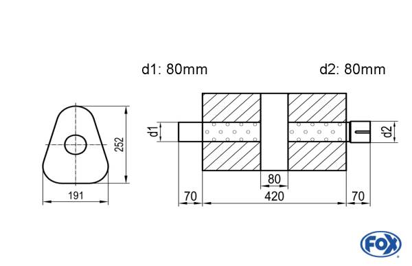 Uni-Schalldämpfer dreieck mit Kammer + Stutzen - Abw. 725 191x252mm, d1Ø 80mm (außen), d2Ø 80mm (inn