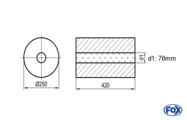 Uni-Schalldämpfer rund ohne Stutzen - Abwicklung 784 Ø 250mm, d1: 76mm, Länge: 420mm