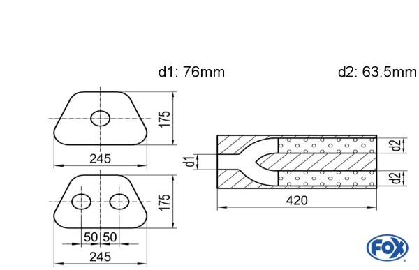 Uni-Schalldämpfer trapezoid zweiflutig mit Hose - Abw. 711 245x175mm, d1Ø 76mm d2Ø 63,5mm, Länge: 4
