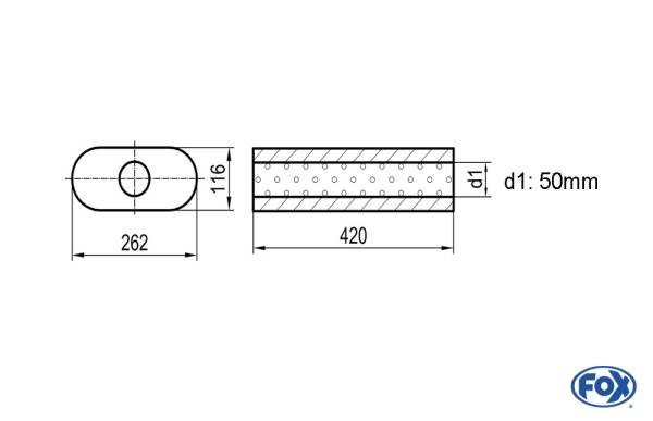 Uni-Schalldämpfer oval ohne Stutzen - Abwicklung 650 262x116mm, d1Ø 50mm, Länge: 420mm