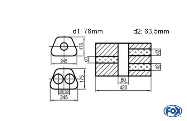 Uni-Schalldämpfer Trapezoid zweiflutig mit Kammer - Abw. 711 245x175mm, d1Ø 76mm d2Ø 63,5mm, Länge: