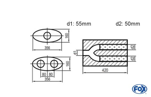 Uni-Schalldämpfer oval zweiflutig mit Hose - Abwicklung 818 356x160mm, d1Ø 55mm d2Ø 50mm, Länge: 42