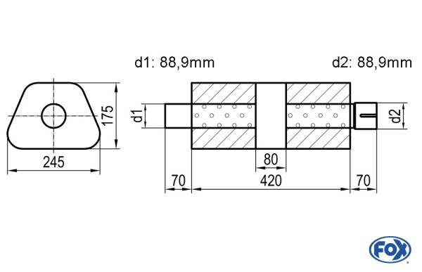 Uni-Schalldämpfer trapez mit Kammer + Stutzen - Abw. 711 245x175mm, d1Ø 88,9mm (außen), d2Ø 88,9mm (
