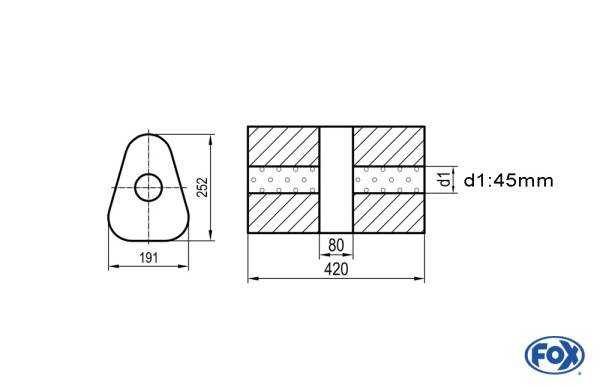 Uni-Schalldämpfer dreieck ohne Stutzen mit Kammer - Abw. 725 191x252mm, d1Ø 45mm, Länge: 420mm