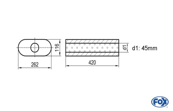 Uni-Schalldämpfer oval ohne Stutzen - Abwicklung 650 262x116mm, d1Ø 45mm, Länge: 420mm