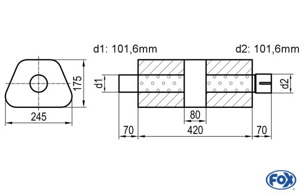 Uni-Schalldämpfer trapez mit Kammer + Stutzen - Abw. 711 245x175mm, d1Ø 101,6mm (außen), d2Ø 101,6mm