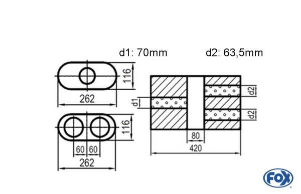Uni-Schalldämpfer oval zweiflutig mit Kammer - Abw. 650 262x116mm, d1Ø 70mm d2Ø 63,5mm, Länge: 420m